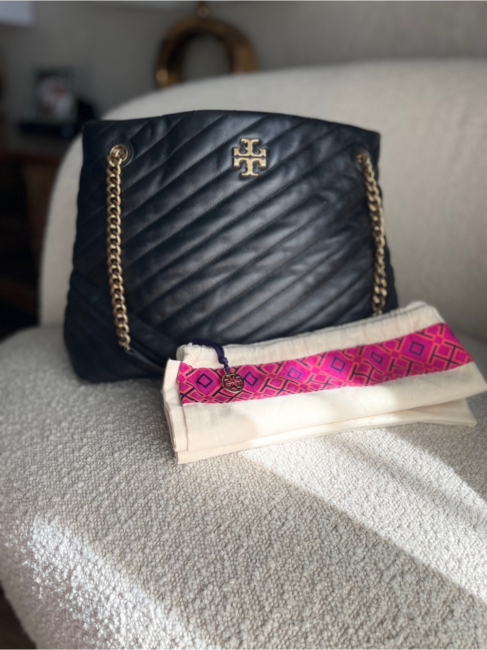 Luxury Tory Burch Kira Chevron Slouchy Tote | Black | Gold & Leather Chain
